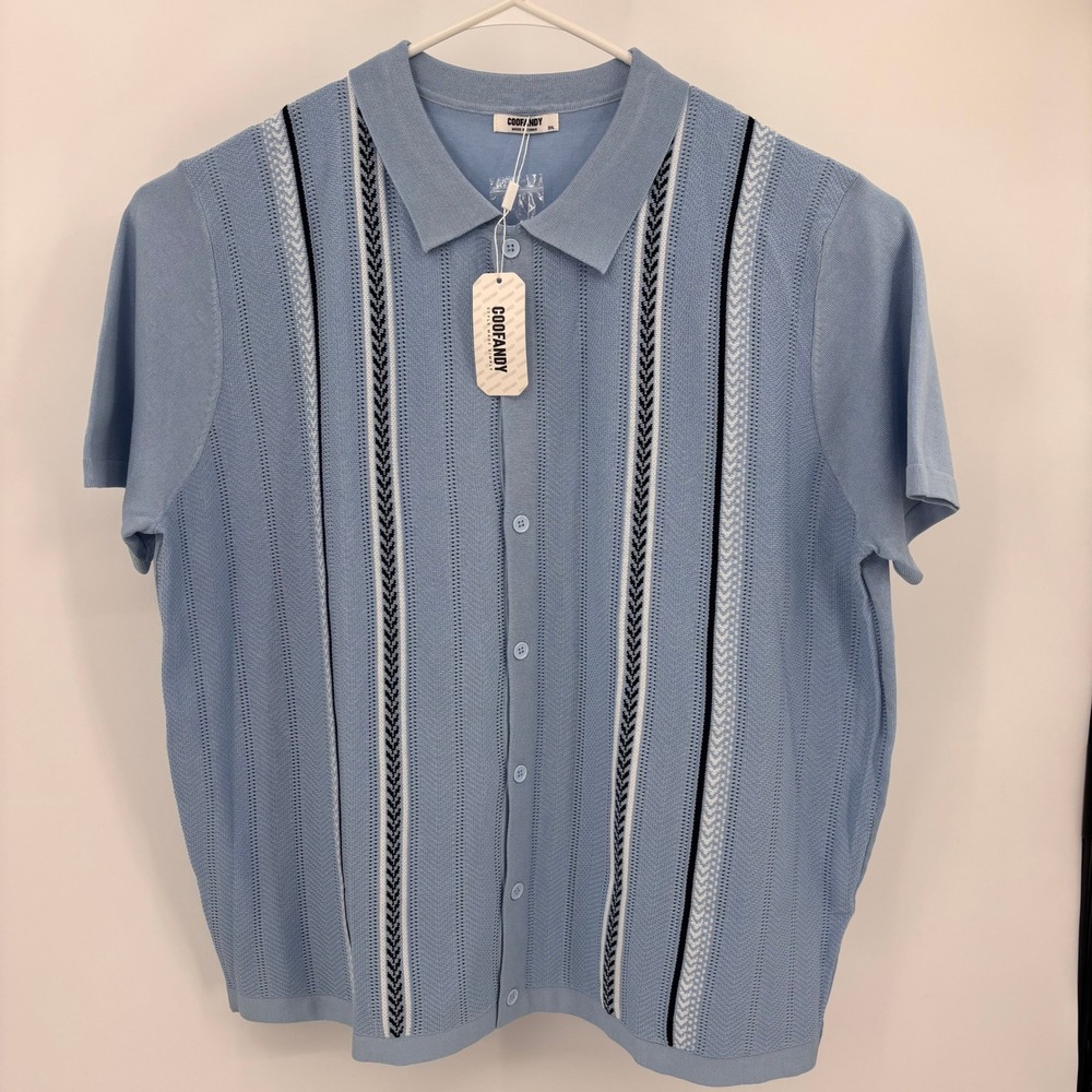 COOFANDY Knit Button Down Mens 3XL Blue NEW Short Sleeve Retro Pointelle Stripe